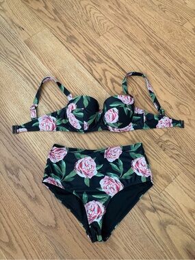 Bettie Page Black Bikini Set with Pink Rose Print